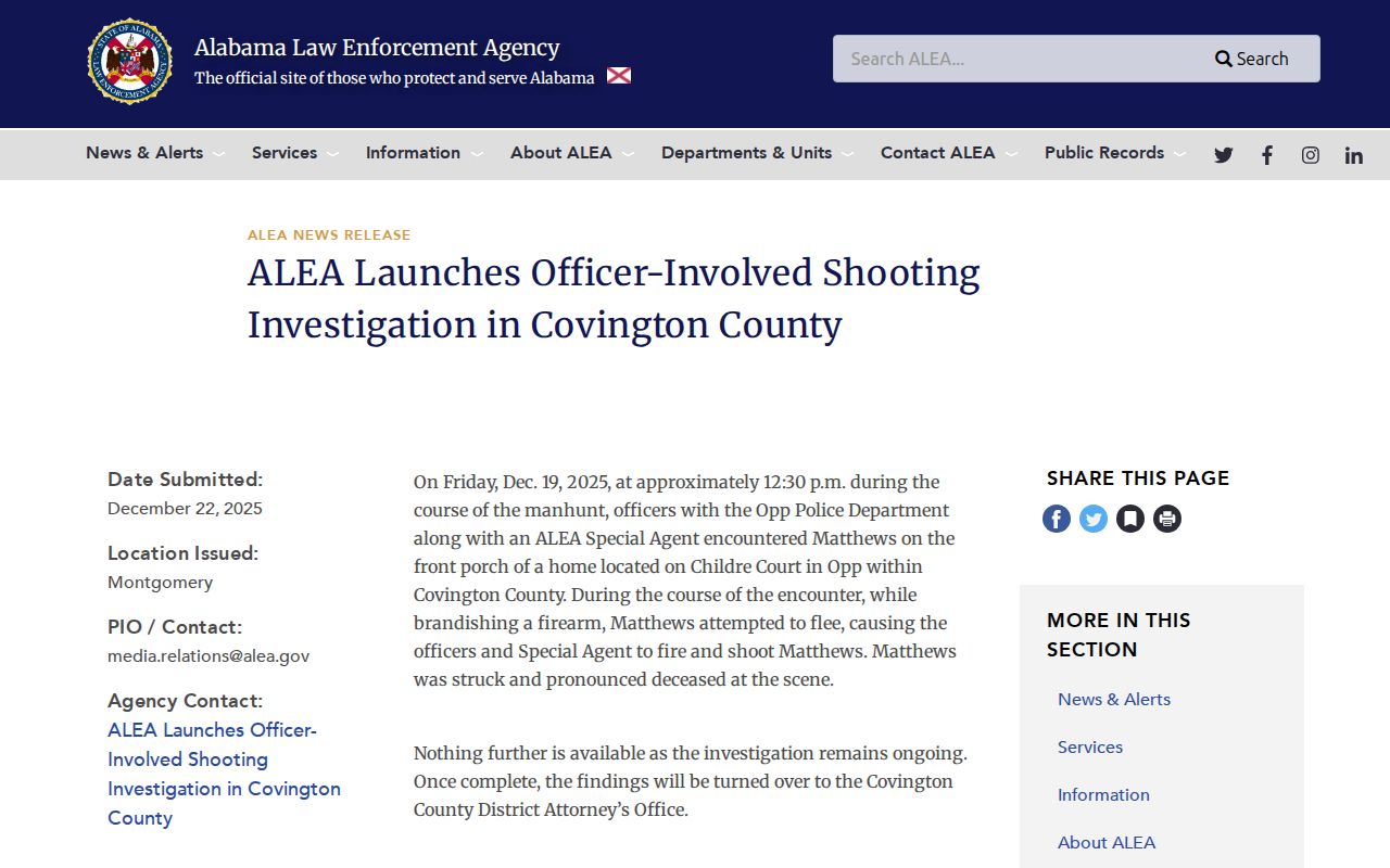 ALEA notice illustrating a Covington County arrest and investigation record chain