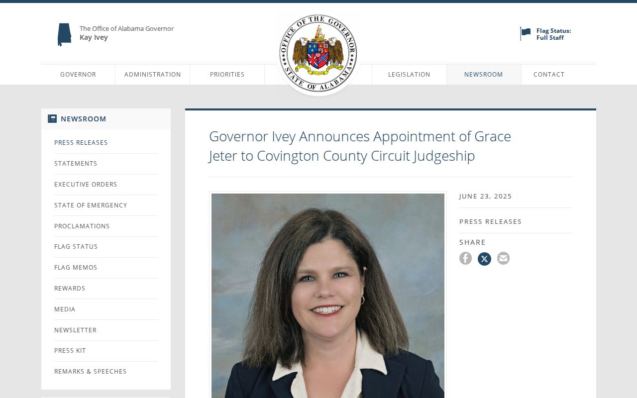 Covington County criminal court appointment notice for Circuit Judge Grace Jeter