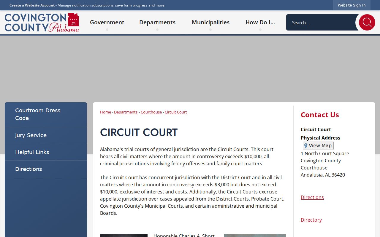 Covington County criminal court case information on the Circuit Court page
