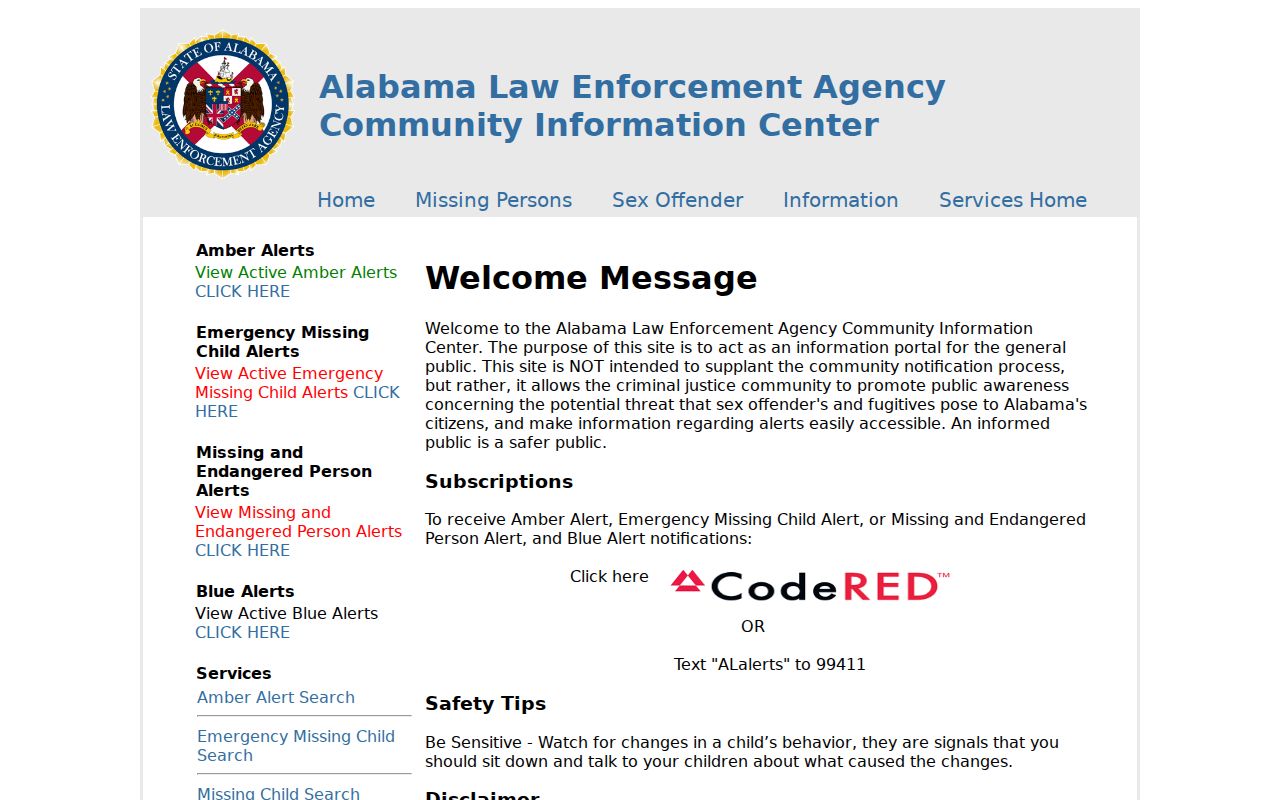 ALEA community portal for Covington County sex offender registry information